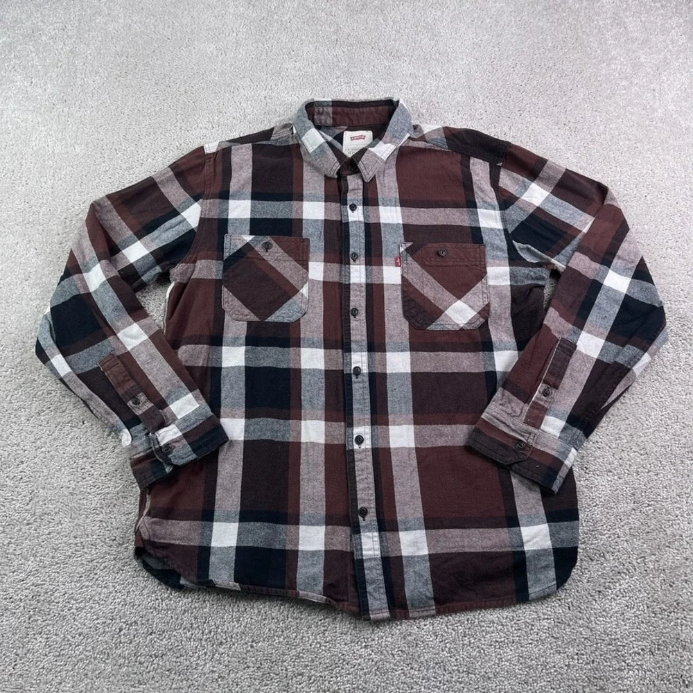 Levis Shirt Mens Large Brown Plaid Flannel Button‎ Up Outdoors Hiking Casual